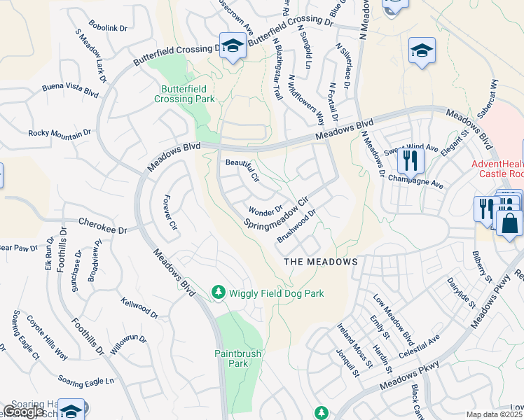 map of restaurants, bars, coffee shops, grocery stores, and more near 3641 Wonder Drive in Castle Rock