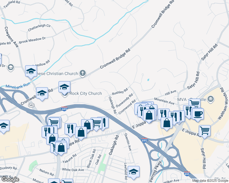 map of restaurants, bars, coffee shops, grocery stores, and more near 1802 Rushley Road in Parkville