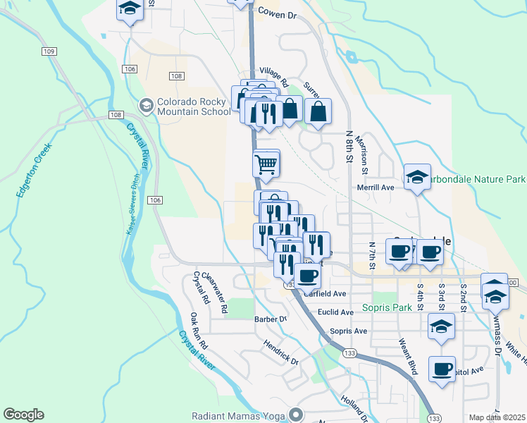 map of restaurants, bars, coffee shops, grocery stores, and more near 903 Colorado 133 in Carbondale
