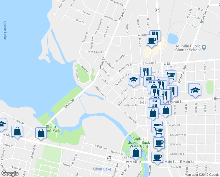 map of restaurants, bars, coffee shops, grocery stores, and more near 401 West McNeal Street in Millville