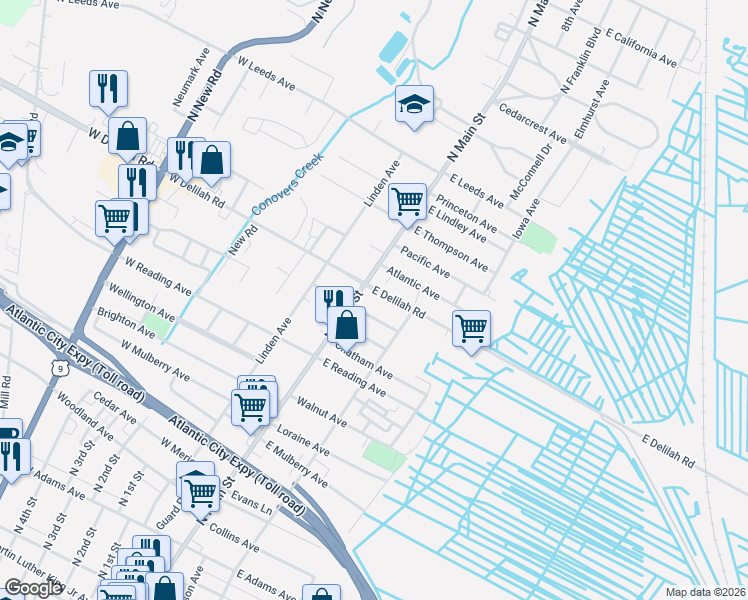 map of restaurants, bars, coffee shops, grocery stores, and more near 864 North Main Street in Pleasantville