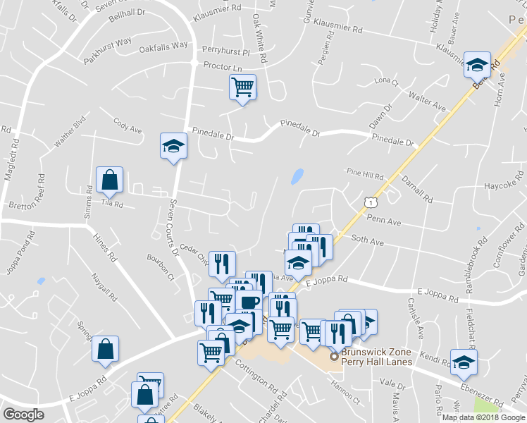 map of restaurants, bars, coffee shops, grocery stores, and more near 80 Cedar Chip Ct in Parkville