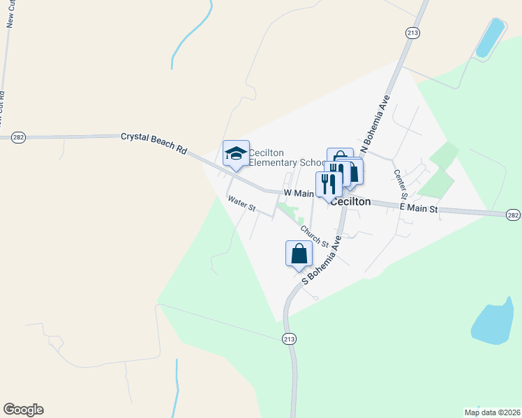 map of restaurants, bars, coffee shops, grocery stores, and more near 219 Water Street in Earleville