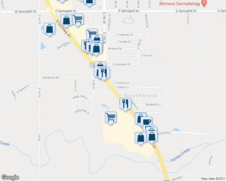 map of restaurants, bars, coffee shops, grocery stores, and more near 5398 East Greenbriar Drive in Terre Haute