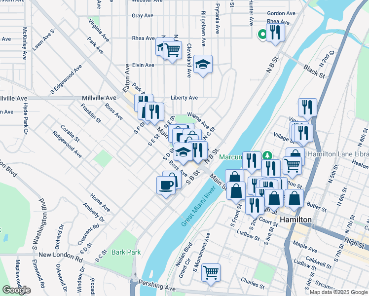map of restaurants, bars, coffee shops, grocery stores, and more near 222 Main Street in Hamilton