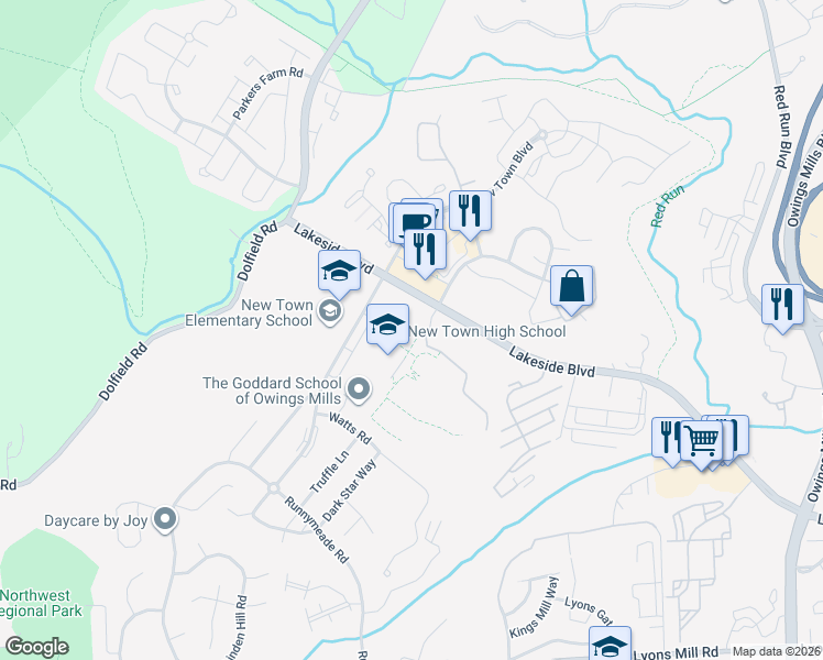 map of restaurants, bars, coffee shops, grocery stores, and more near 4931 New Town Boulevard in Owings Mills