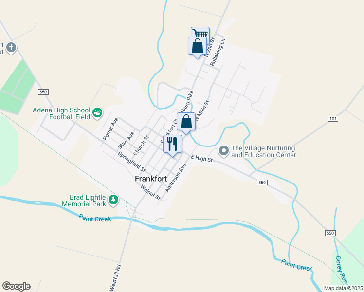 map of restaurants, bars, coffee shops, grocery stores, and more near 27 North Main Street in Frankfort