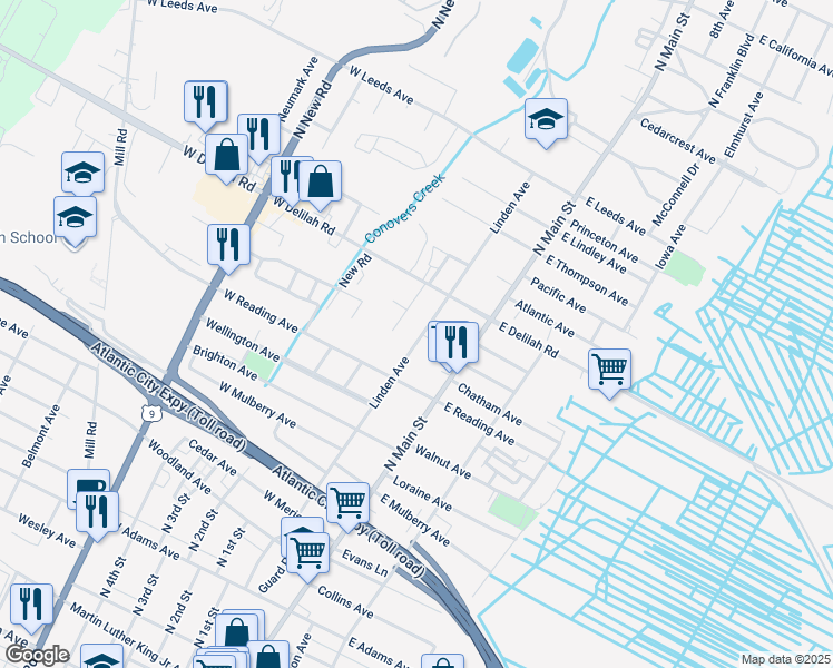 map of restaurants, bars, coffee shops, grocery stores, and more near 835 Linden Avenue in Pleasantville