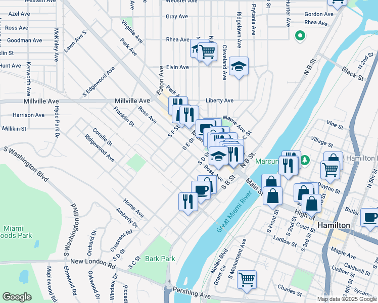 map of restaurants, bars, coffee shops, grocery stores, and more near 355 Ross Avenue in Hamilton