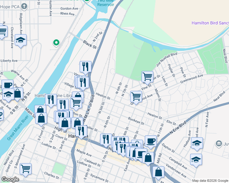 map of restaurants, bars, coffee shops, grocery stores, and more near 433 North 6th Street in Hamilton