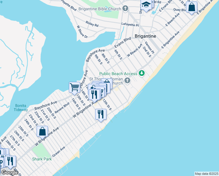 map of restaurants, bars, coffee shops, grocery stores, and more near 1001 West Brigantine Avenue in Brigantine