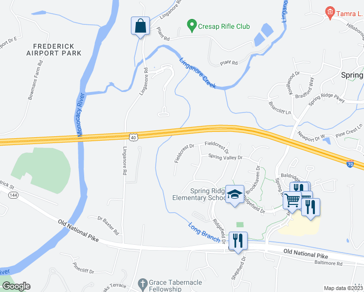 map of restaurants, bars, coffee shops, grocery stores, and more near 6143 Fieldcrest Drive in Frederick
