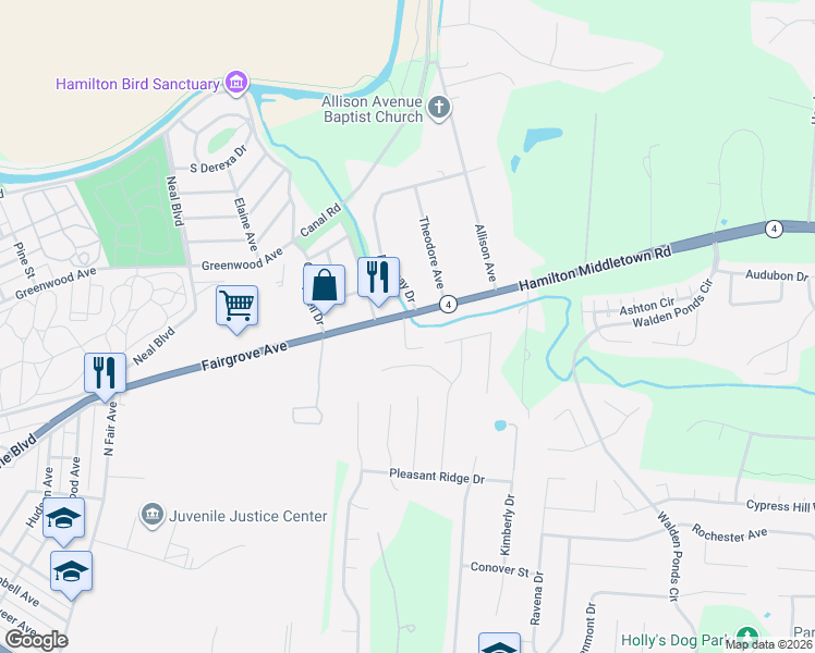 map of restaurants, bars, coffee shops, grocery stores, and more near 2121 Hamilton Middletown Road in Hamilton