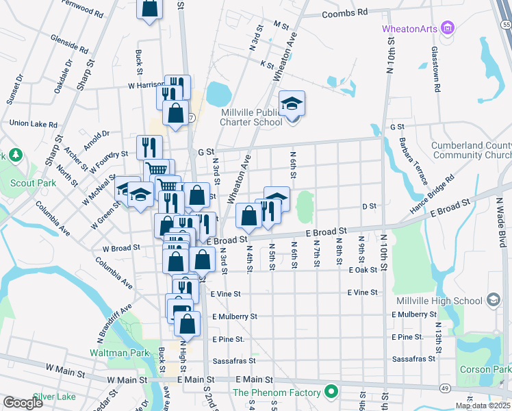 map of restaurants, bars, coffee shops, grocery stores, and more near 700 North 4th Street in Millville