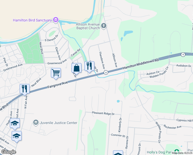 map of restaurants, bars, coffee shops, grocery stores, and more near 2121 Hamilton Middletown Road in Hamilton