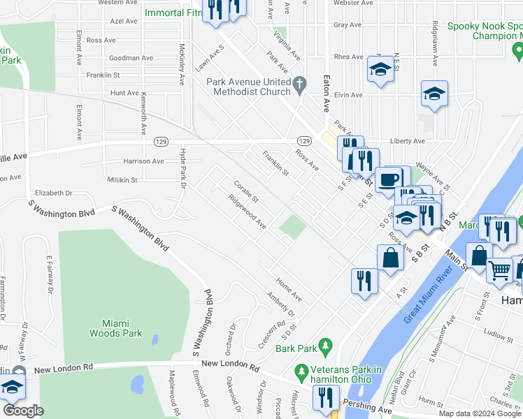 map of restaurants, bars, coffee shops, grocery stores, and more near 613 Coralie Street in Hamilton