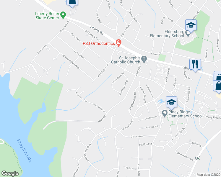 map of restaurants, bars, coffee shops, grocery stores, and more near 6275 White Birch Road in Eldersburg
