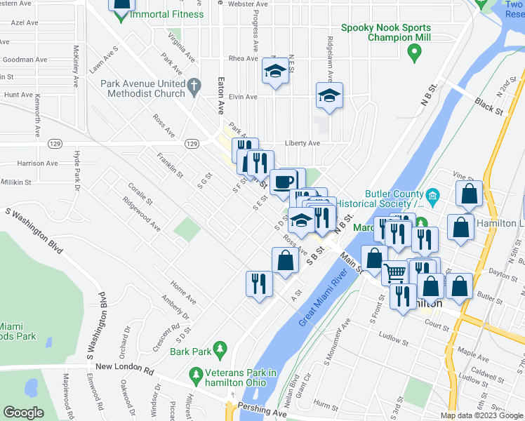 map of restaurants, bars, coffee shops, grocery stores, and more near 350 Ross Avenue in Hamilton