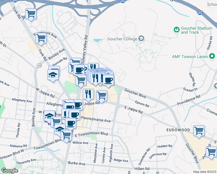 map of restaurants, bars, coffee shops, grocery stores, and more near 700 Fairmount Avenue in Towson