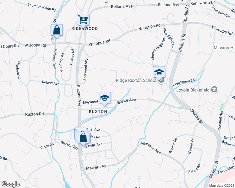 map of restaurants, bars, coffee shops, grocery stores, and more near 7819 Overbrook Road in Towson