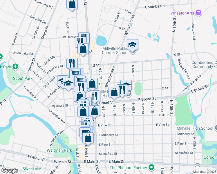 map of restaurants, bars, coffee shops, grocery stores, and more near 700 North 4th Street in Millville