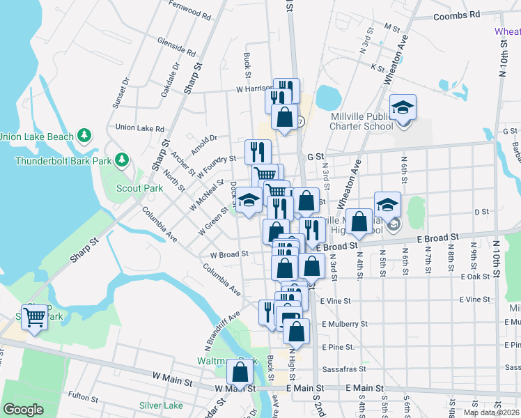 map of restaurants, bars, coffee shops, grocery stores, and more near 647 Buck Street in Millville