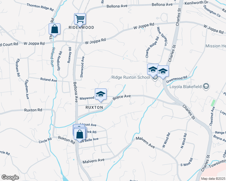 map of restaurants, bars, coffee shops, grocery stores, and more near 7819 Overbrook Road in Towson