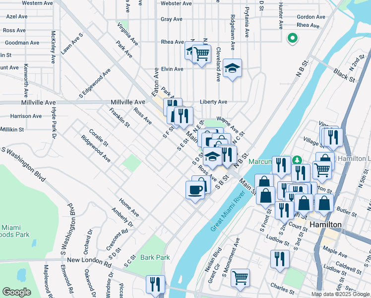 map of restaurants, bars, coffee shops, grocery stores, and more near 355 Ross Avenue in Hamilton