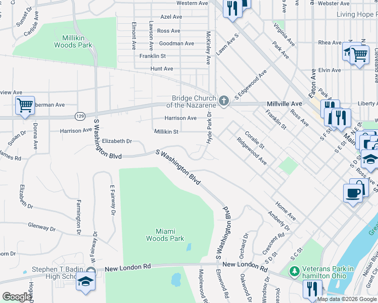 map of restaurants, bars, coffee shops, grocery stores, and more near 311 Hyde Park Drive in Hamilton