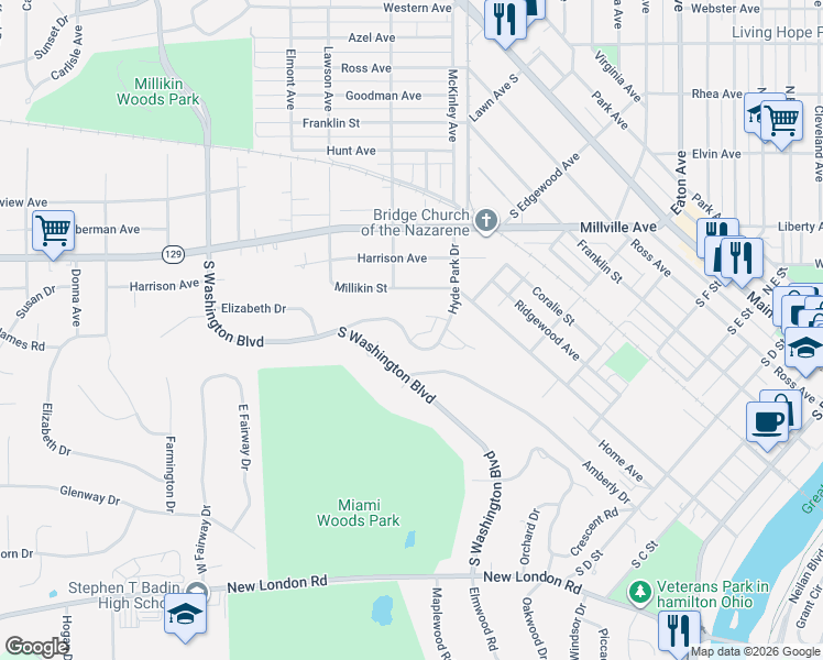map of restaurants, bars, coffee shops, grocery stores, and more near 311 Hyde Park Drive in Hamilton