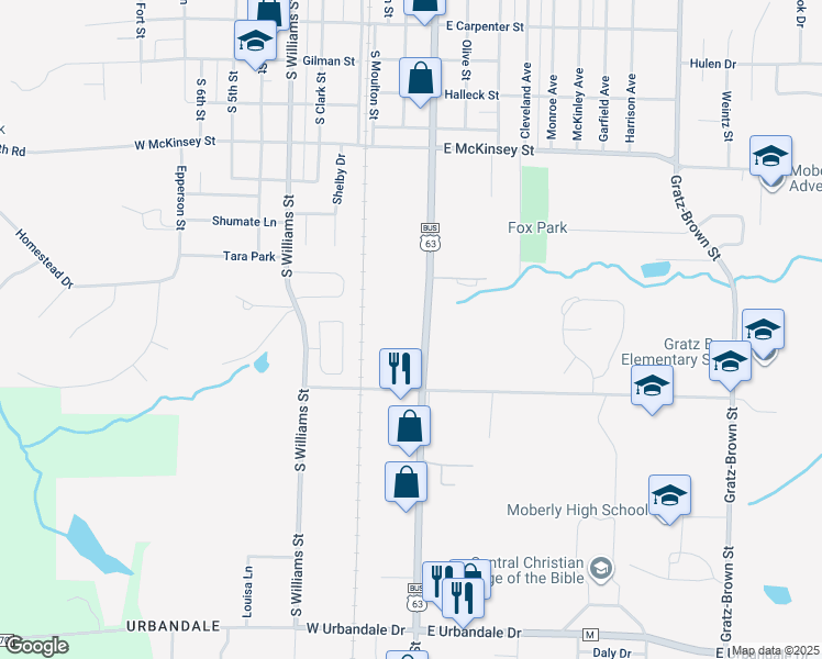 map of restaurants, bars, coffee shops, grocery stores, and more near 1301 South Morley Street in Moberly