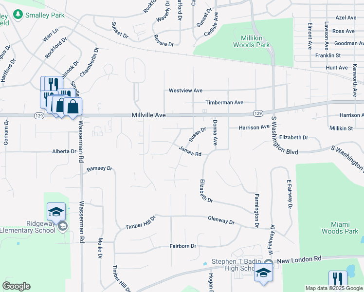 map of restaurants, bars, coffee shops, grocery stores, and more near 1200 James Road in Hamilton
