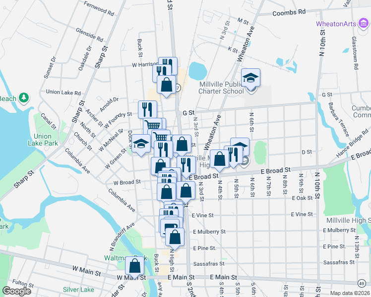map of restaurants, bars, coffee shops, grocery stores, and more near 707 North 2nd Street in Millville