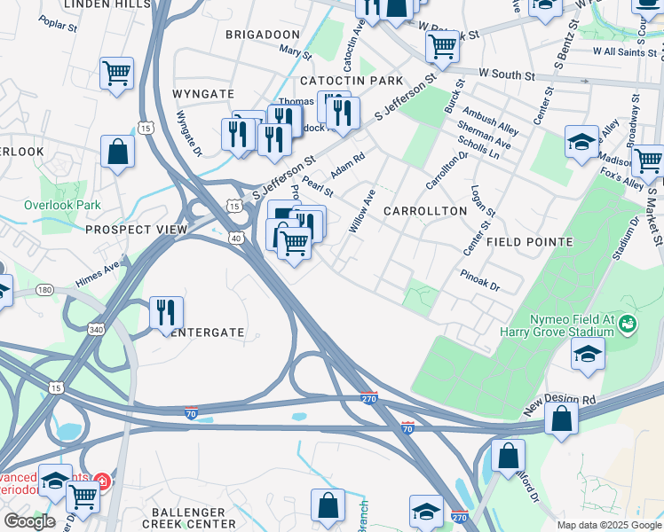 map of restaurants, bars, coffee shops, grocery stores, and more near 501 Prospect Boulevard in Frederick