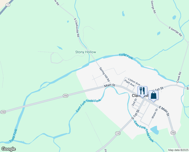 map of restaurants, bars, coffee shops, grocery stores, and more near 40 Pebble Stone Lane in Clarksville