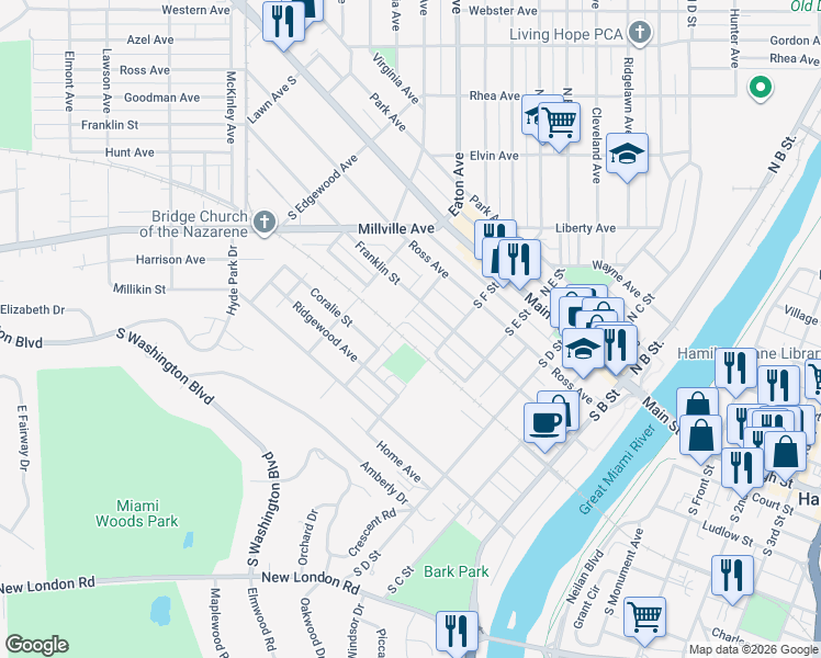 map of restaurants, bars, coffee shops, grocery stores, and more near 547 Puthoff Street in Hamilton