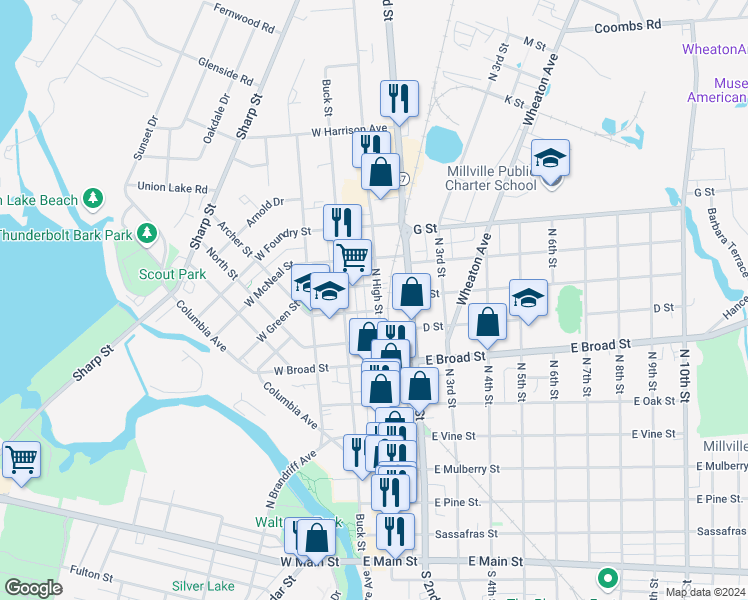 map of restaurants, bars, coffee shops, grocery stores, and more near 640 North High Street in Millville