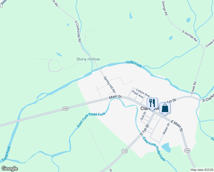 map of restaurants, bars, coffee shops, grocery stores, and more near 75 Spring Hill Road in Clarksville