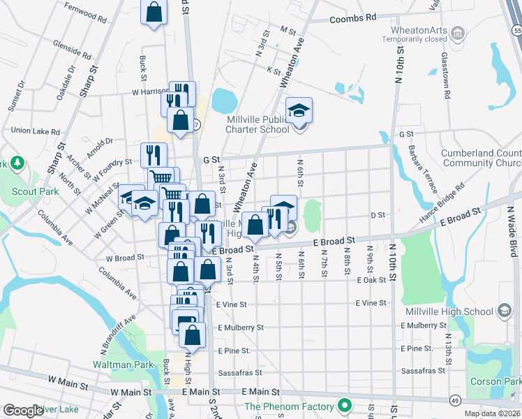 map of restaurants, bars, coffee shops, grocery stores, and more near 700 North 4th Street in Millville