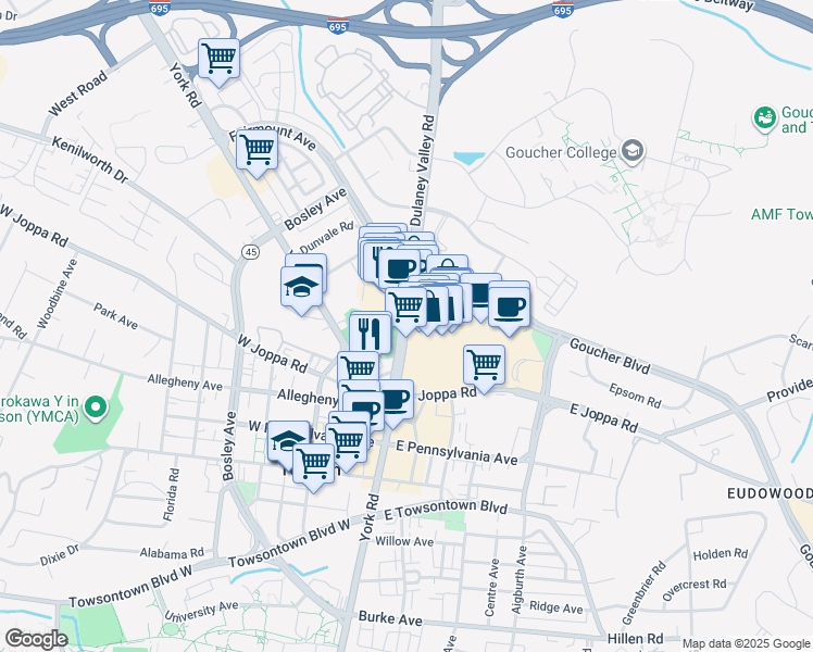 map of restaurants, bars, coffee shops, grocery stores, and more near 801 Dulaney Valley Road in Towson