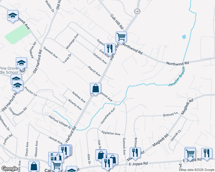 map of restaurants, bars, coffee shops, grocery stores, and more near 3007 Bender Ridge Court in Baltimore