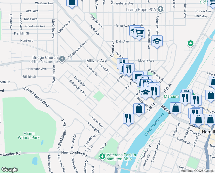 map of restaurants, bars, coffee shops, grocery stores, and more near 523 Puthoff Street in Hamilton