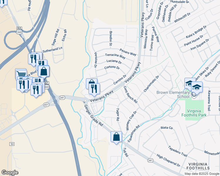 map of restaurants, bars, coffee shops, grocery stores, and more near 11690 Cervino Drive in Reno
