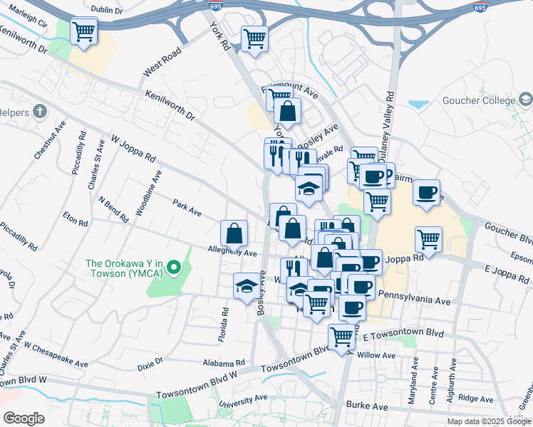 map of restaurants, bars, coffee shops, grocery stores, and more near in Towson
