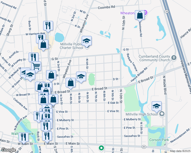 map of restaurants, bars, coffee shops, grocery stores, and more near 609 North 7th Street in Millville