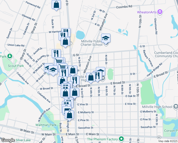 map of restaurants, bars, coffee shops, grocery stores, and more near 700 North 4th Street in Millville