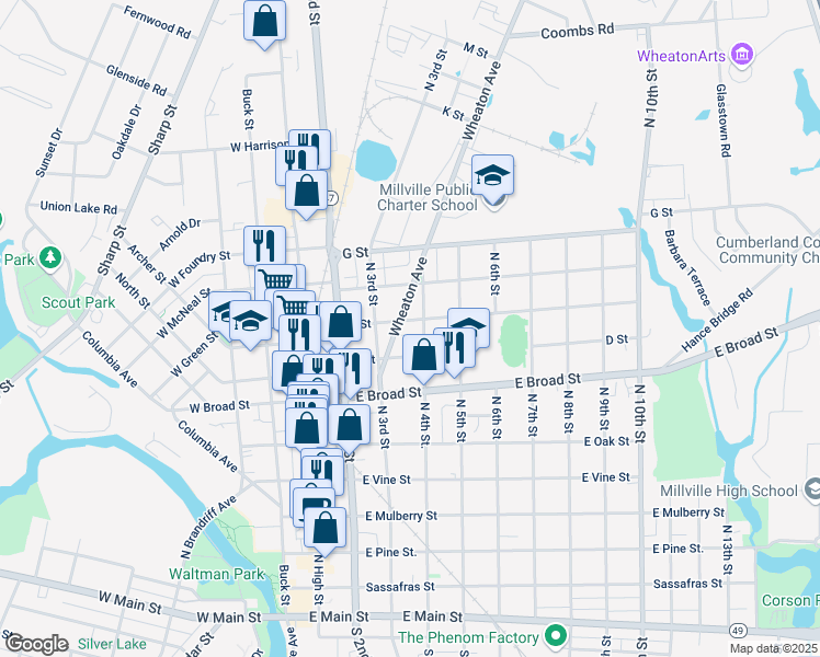 map of restaurants, bars, coffee shops, grocery stores, and more near 700 North 4th Street in Millville