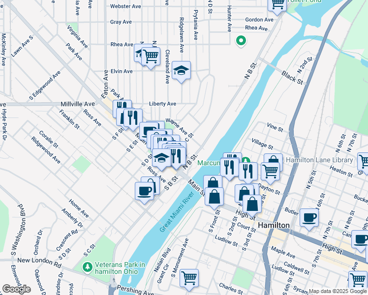 map of restaurants, bars, coffee shops, grocery stores, and more near 125 Park Avenue in Hamilton