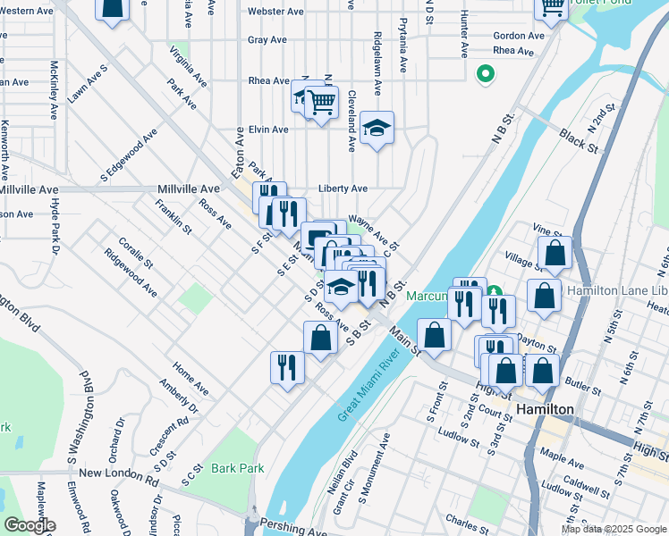 map of restaurants, bars, coffee shops, grocery stores, and more near 222 Main Street in Hamilton