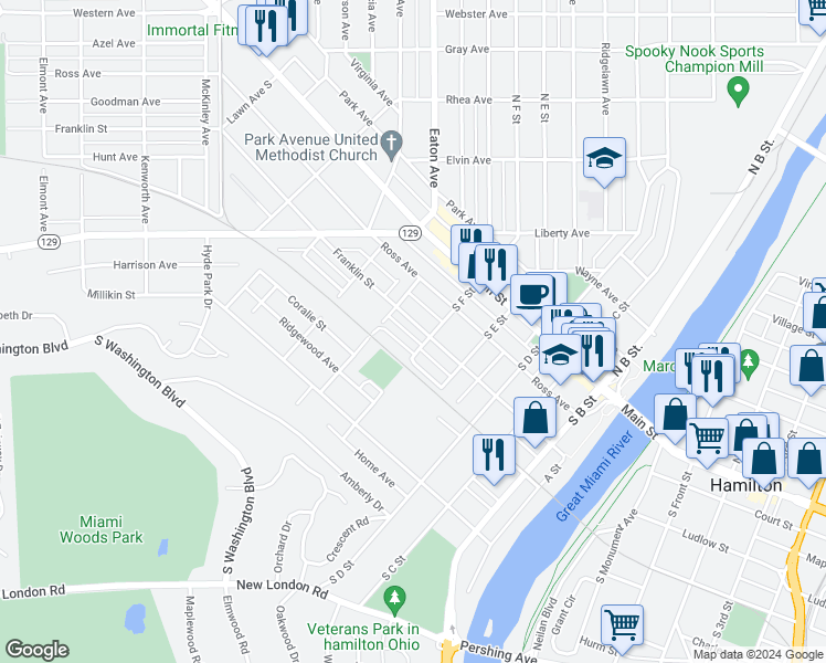 map of restaurants, bars, coffee shops, grocery stores, and more near 523 Puthoff Street in Hamilton